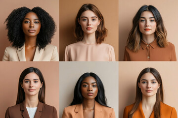 Portraits composite collage of diverse women of various ages and ethnicities against neutral pastel background