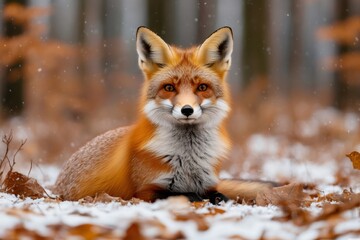 Obraz premium Red fox resting in snowy forest during light snowfall