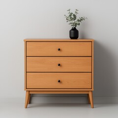 Modern wooden dresser with three drawers and indoor plant decor