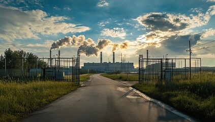 Obraz premium Industrial Plant Emissions: Smoke Stacks & Sunset Views, Environmental Impact Assessment of Power Generation