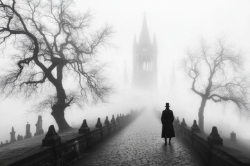 Obraz premium A gothic wanderer experiencing a haunting vision in a mysterious, fog-covered graveyard