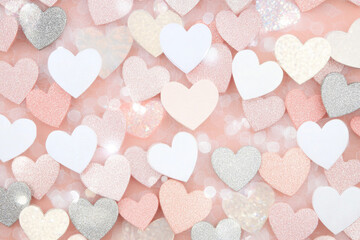 Fototapeta premium St Valentines day themed background with pink crystal hearts, copy space