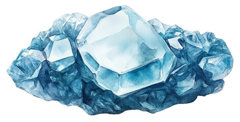 Obraz premium Watercolor Painting of a Polished Aquamarine Stone Surrounded by Clear Crystals and Rocks