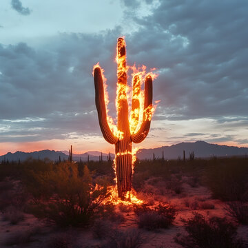 Saguaro Cactus On Fire In The Desert 