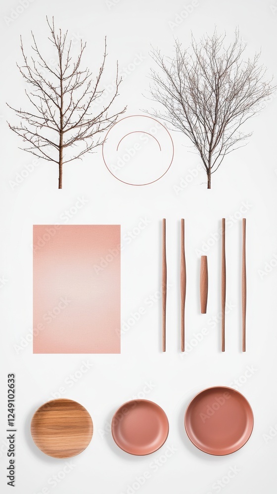 Poster minimalist composition featuring two bare trees, geometric shapes, and various circular and rectangu