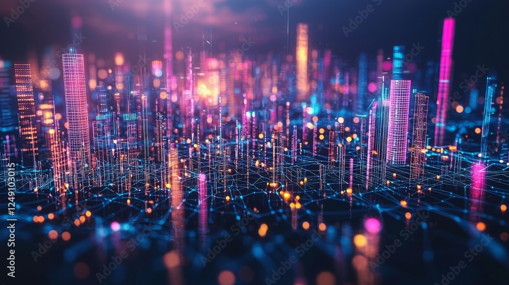 Poster a vibrant, futuristic cityscape illuminated by neon lights, featuring towering structures and a netw