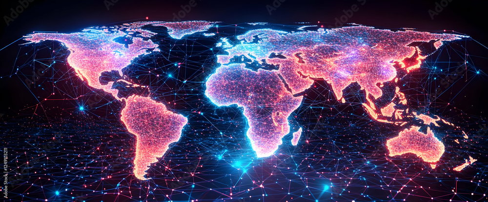 Poster global network map with glowing lines