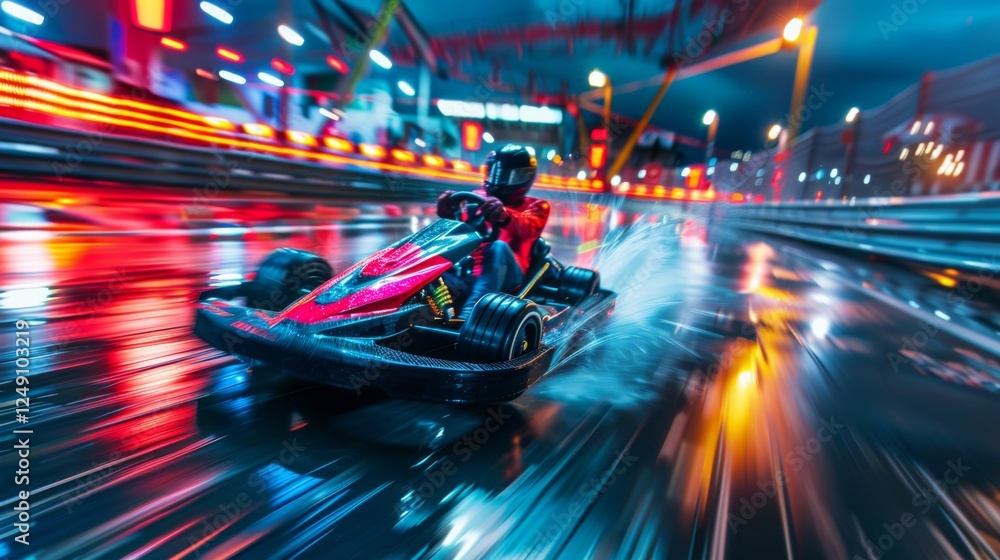 Poster a racer skillfully maneuvers a go kart on a slick, wet track surrounded by colorful lights and refle