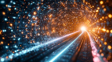 A vibrant, glowing tunnel of lights representing energy, technology, and connectivity, leading towards a bright source in the distance.