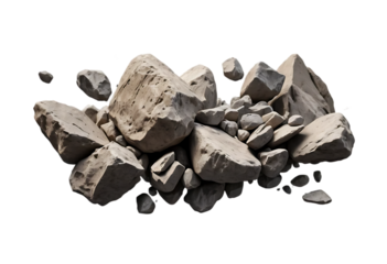A pile of irregularly shaped rocks of various sizes and colors isolated on white and transparent background.