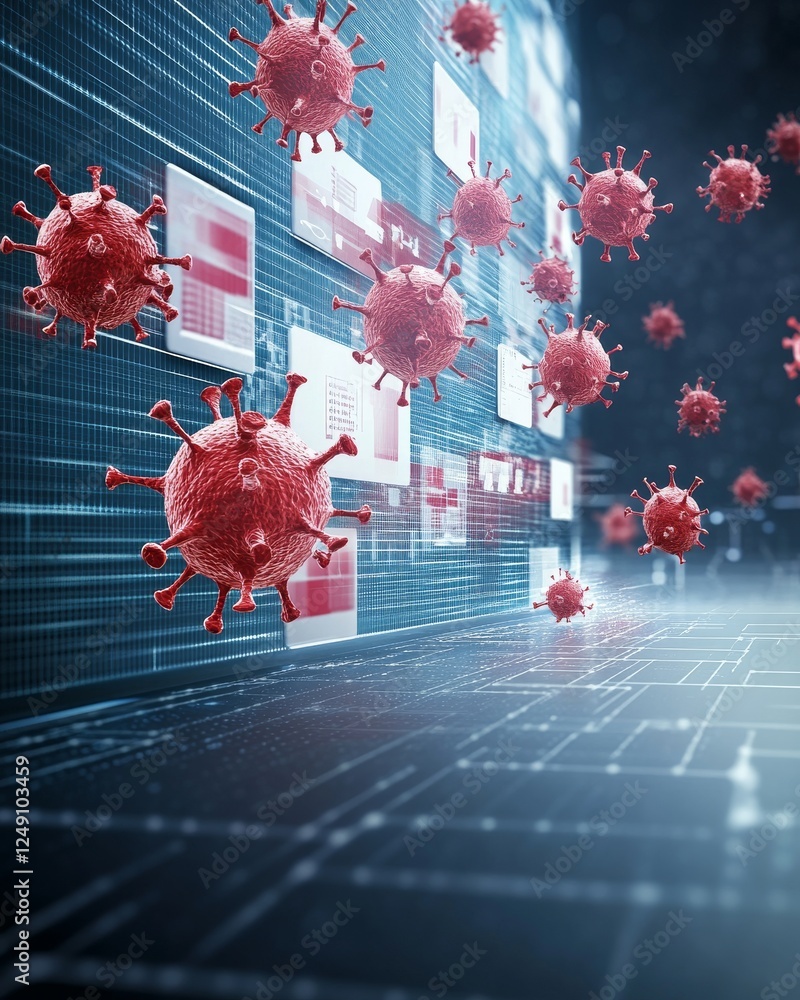 Poster a digital representation of viruses, floating in a network environment, highlighting the intersectio