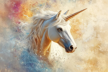 Unicorn gazing with grace in a vibrant and dreamy setting filled with soft colors and textures, creating an enchanting atmosphere that inspires wonder and magic