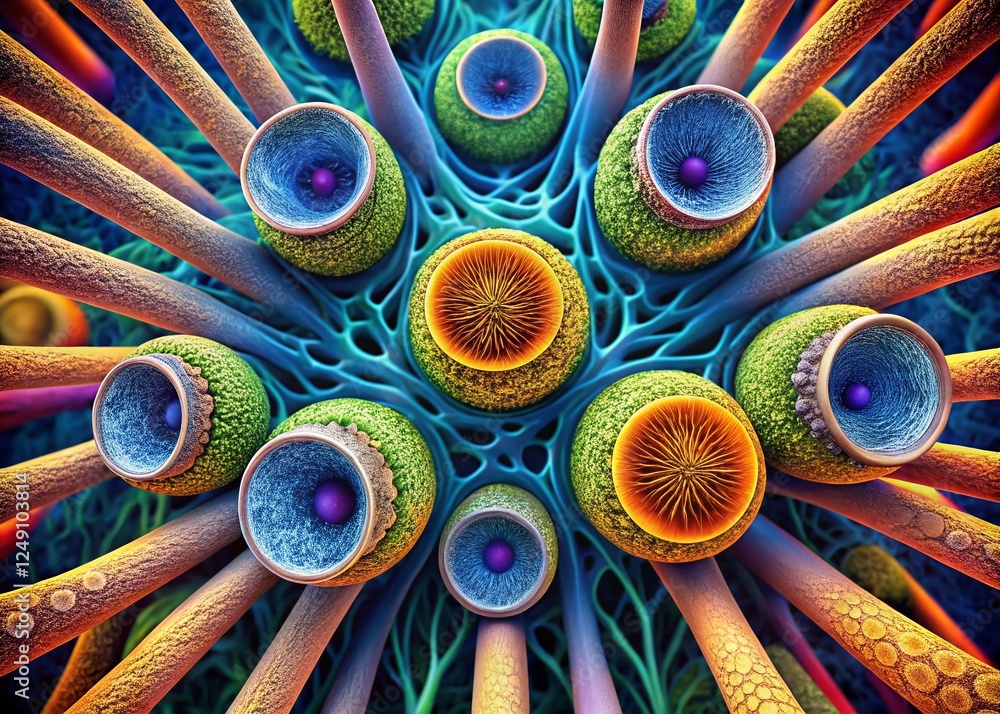 Poster microscopic view of 7 rods and cones in the retina, illustrating cellular structure and function