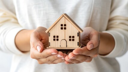 A woman in a cozy sweater holds a small wooden house model, symbolizing homeownership, security, and family comfort. The soft lighting and neutral tones create a warm, inviting atmosphere.