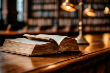 A dictionary resting on a wooden podium in a traditional library reading room