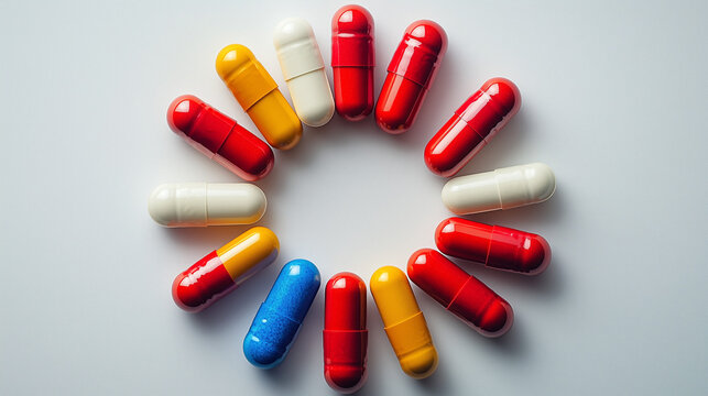Colorful capsules arranged in a circle, health and wellness concept