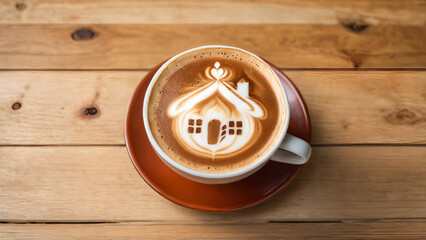 Welcome home. Coffee latte art with house pattern.
