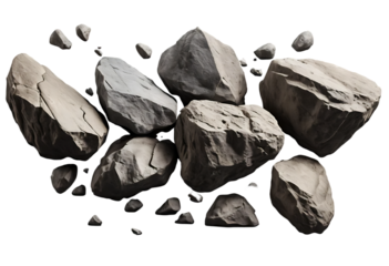 A pile of irregularly shaped rocks of various sizes and colors isolated on white and transparent background.