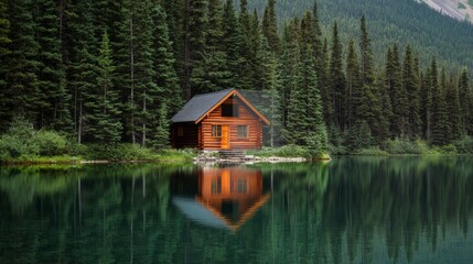 Fototapeta premium Charming wooden cabin nestled along a tranquil lake, surrounded by a dense evergreen forest reflecting serenely in calm waters, creating a picturesque scene of peaceful solitude