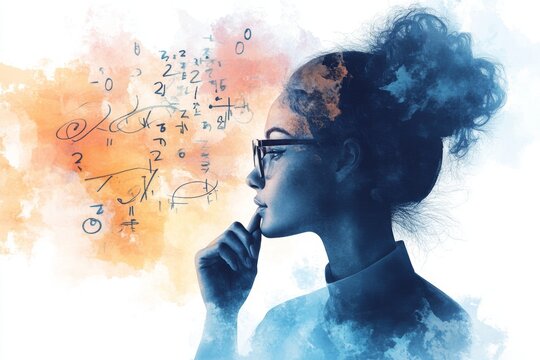 A dreamy watercolor illustration of a scientist lost in thought, surrounded by floating mathematical equations