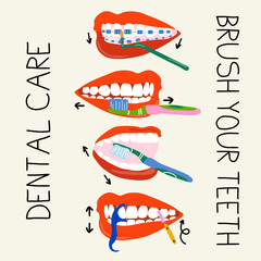 How to brush your teeth infographic instruction banner. Dental hygiene retro poster. Healthy lifestyle and dental care. Tooth protection vector illustration