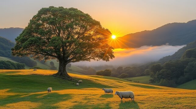 Sheep grazing at sunrise, mountain valley, peaceful landscape, idyllic pastoral scene