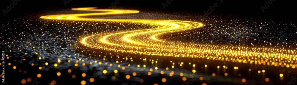 Poster a winding, illuminated path of golden light against a dark background, creating a serene, magical at