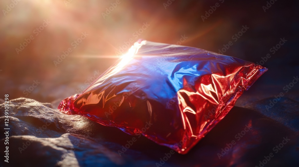 Poster shimmering red foil package resting on a textured surface, illuminated by soft sunlight in the backg
