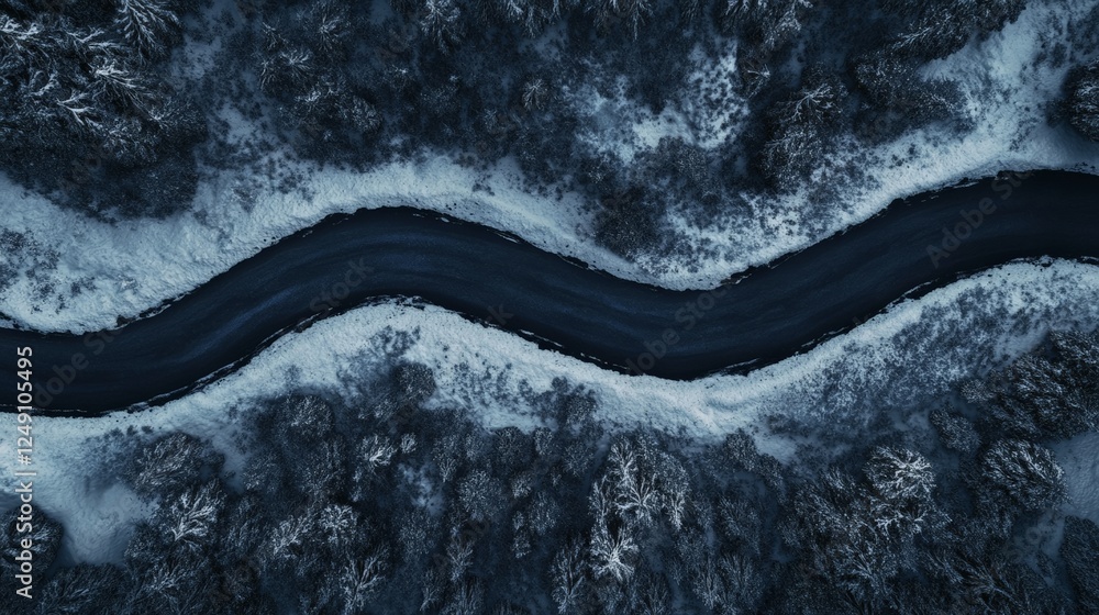 Poster aerial view captures a winding road cutting through a snow covered forest, creating a striking contr
