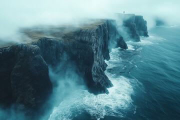 Fog blankets rocky cliffs as ocean waves crash below on a serene coastal morning