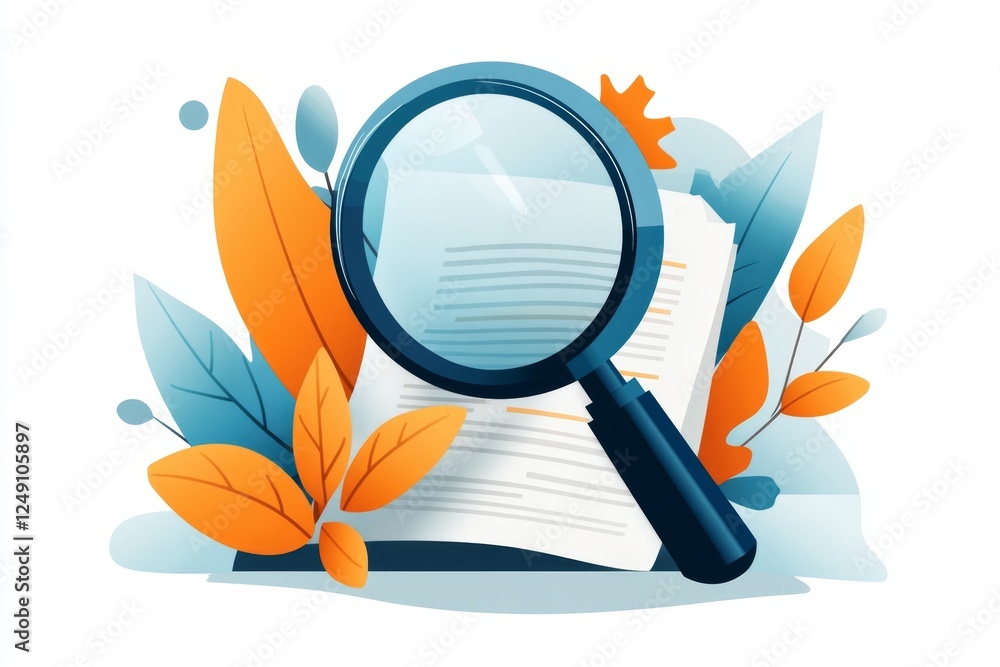Poster a flat, modern design of a magnifying glass hovering over a document, symbolizing research and citat