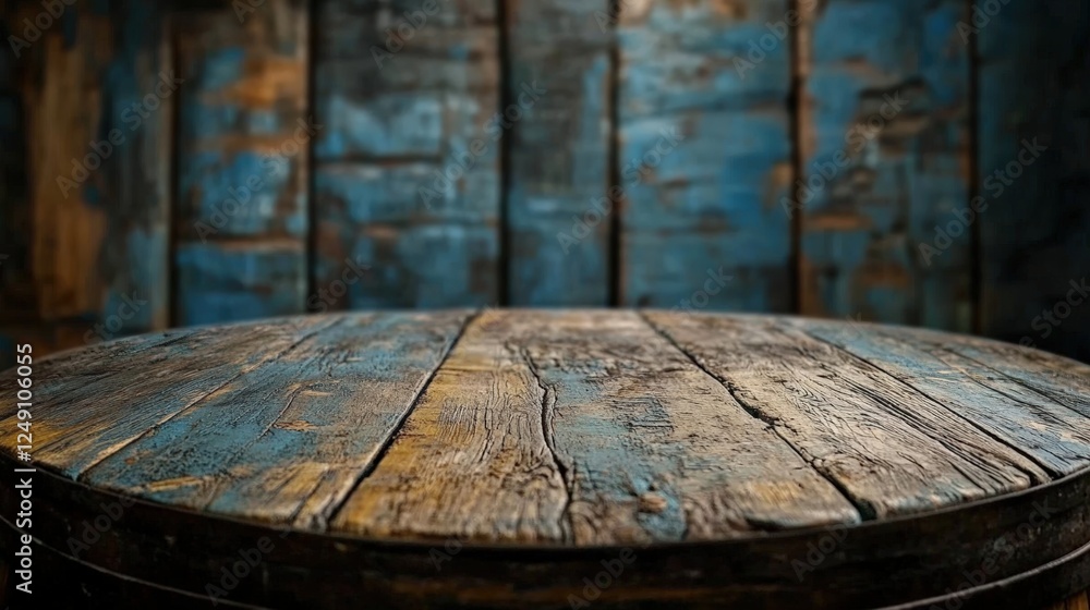 Poster empty wooden table or bar with barrel background showcasing old rustic charm in warm brown and blue 