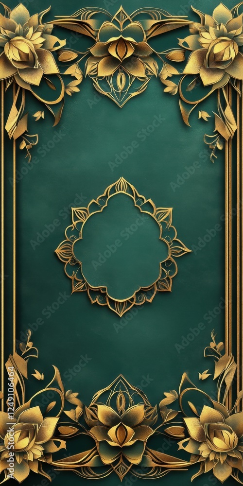 Wall mural Elegant Gold Floral Frame on Teal Background  Ornate Design, Luxurious Green and Gold Pattern, Decorative Art Deco Style