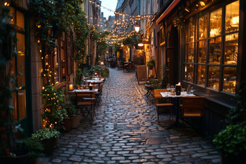 Fototapeta premium Cozy alleyway with string lights and outdoor seating