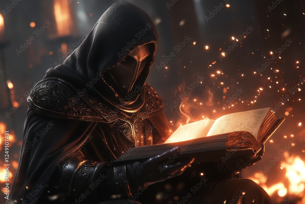 Poster a gothic-style scholar sitting in a dimly lit study, selecting an ancient manuscript with a mysterio