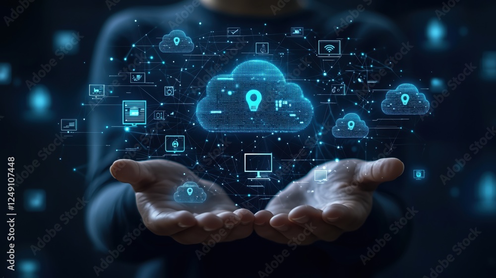 Aufkleber hands holding digital cloud with floating icons representing technology, networking, data storage, a