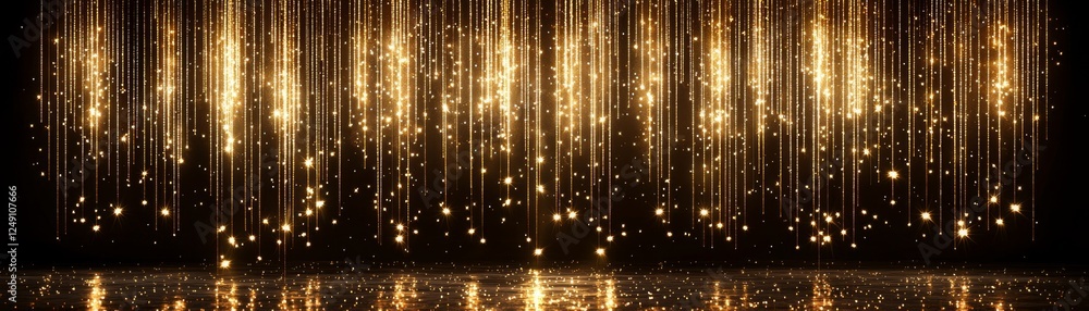 Poster a shimmering golden background with vertical light streaks and sparkling dots, creating a festive an