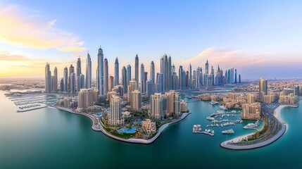 Obraz premium Panoramic aerial view of a modern city skyline at sunset, showcasing skyscrapers, waterfront, and marina.