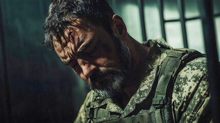 An old veteran soldier captured and imprisoned by the enemy army during the war, a soldier in his military uniform, a prisoner of war in an enemy prison.