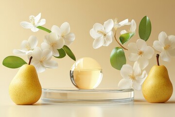 Elegant Pear and Floral Perfume Display on Soft Yellow Background