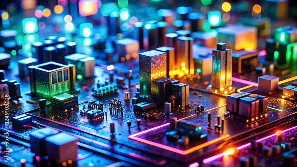 Poster miniature world of digital html code: a tilt-shift perspective of web development