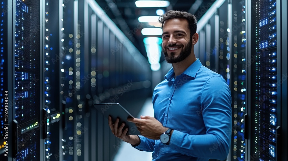 Poster professional it technician smiling in data center surrounded by server racks holding tablet device i