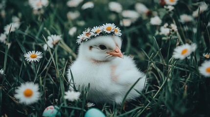Obraz premium Chick with Daisy Crown in Spring Meadow