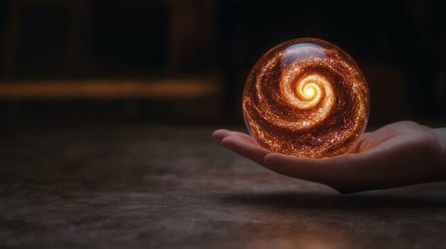 Manifest and creation concept, A mesmerizing hand holds a glowing, swirling galaxy orb, symbolizing the vastness of the universe and the mysteries it contains.