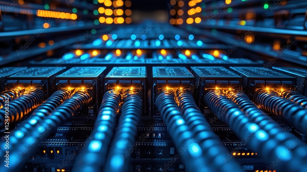 Poster close-up view of server cabling and circuit boards in data center with illuminated led lights reflec