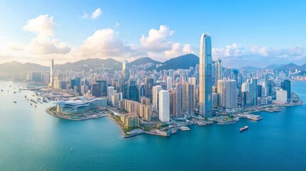 Obraz premium Panoramic aerial view of Hong Kong's vibrant cityscape at sunrise, showcasing skyscrapers, harbor, and mountains.