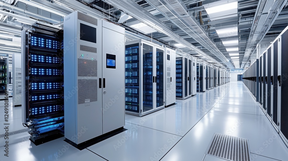 Poster modern data center interior with rows of high-performance server racks and advanced cooling systems 