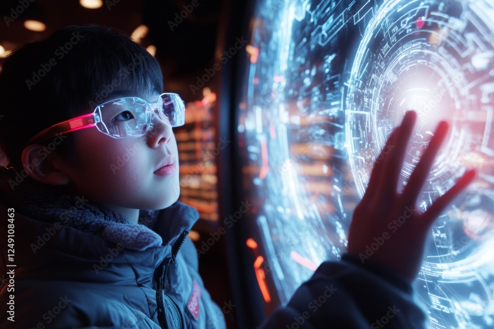 Poster a high-tech futuristic digital library where glowing holographic books float in mid-air, accessible 