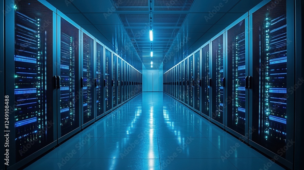 Poster modern data center interior with rows of server racks and blue lights in a high-tech environment