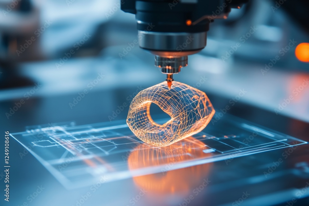 Aufkleber a high-tech futuristic holographic printer creating a 3d object in mid-air with glowing neon light